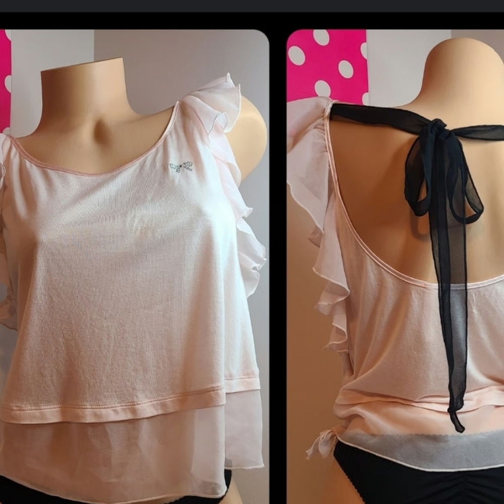 Victoria's Secret Vintage HTF Soft Modal Pink Ruffly Tee W/ Black Bow Sz M
